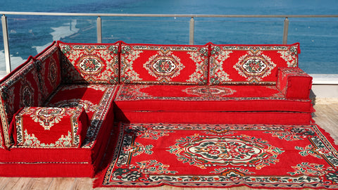 L Shaped Turkish Floor Seating Set, Arabic Majlis, Moroccan Sofa