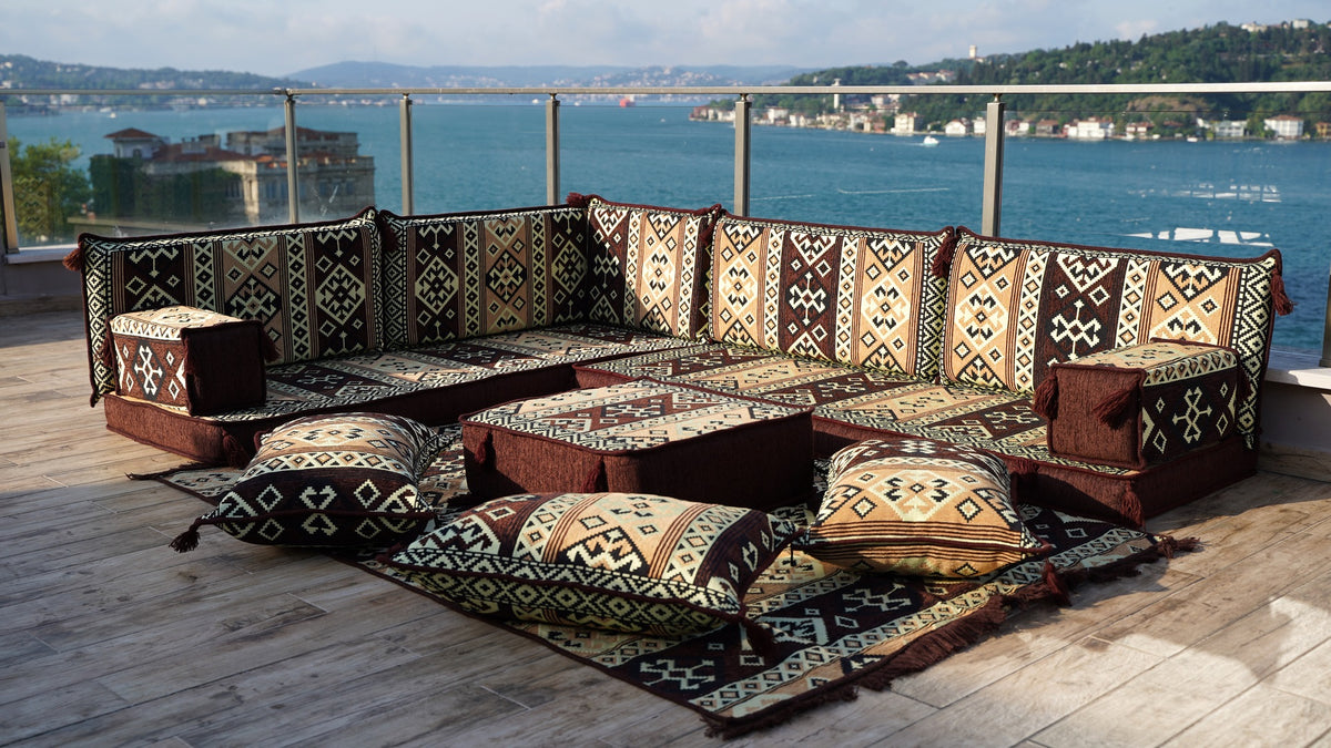 L Shaped Turkish Floor Sofa, Moroccan Sofa, Floor Cushions