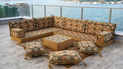 L Shaped Turkish Floor Seating, Arabic Floor Cushions, Moroccan Sofa