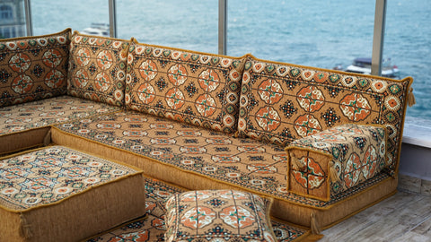 L Shaped Turkish Floor Seating, Arabic Floor Cushions, Moroccan Sofa