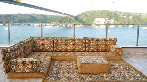 L Shaped Turkish Floor Seating, Arabic Floor Cushions, Moroccan Sofa