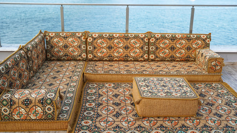 L Shaped Turkish Floor Seating, Arabic Floor Cushions, Moroccan Sofa