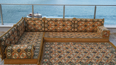 L Shaped Turkish Floor Seating, Arabic Floor Cushions, Moroccan Sofa