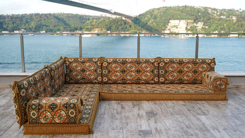 L Shaped Turkish Floor Seating, Arabic Floor Cushions, Moroccan Sofa