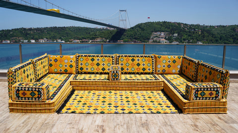 Yellow U Shaped Arabic Sofa Set, Indoor Floor Cushions, Arabic Majlis