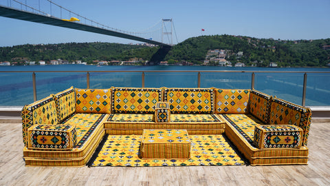 Yellow U Shaped Arabic Sofa Set, Indoor Floor Cushions, Arabic Majlis