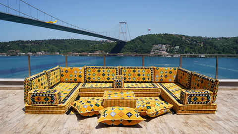 Yellow U Shaped Arabic Sofa Set, Indoor Floor Cushions, Arabic Majlis