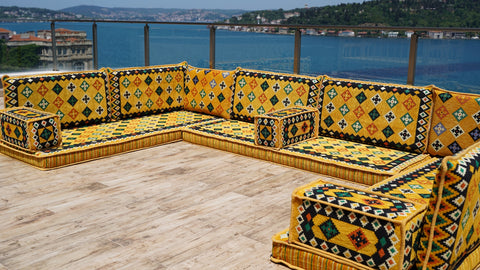 Yellow U Shaped Arabic Sofa Set, Indoor Floor Cushions, Arabic Majlis