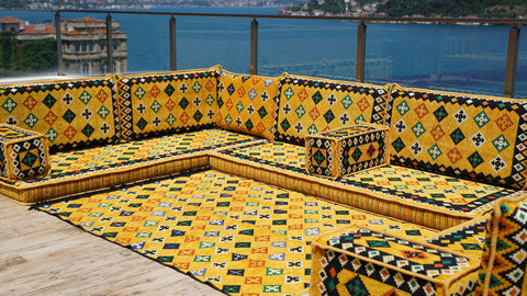 Yellow U Shaped Arabic Sofa Set, Indoor Floor Cushions, Arabic Majlis