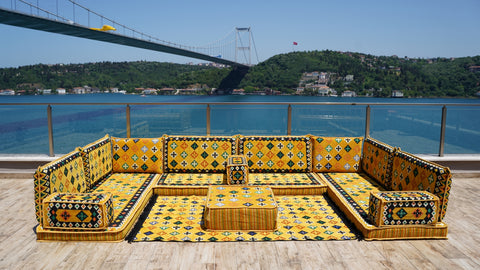 Yellow U Shaped Arabic Sofa Set, Indoor Floor Cushions, Arabic Majlis