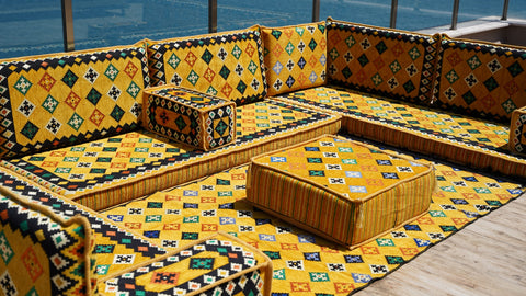 Yellow U Shaped Arabic Sofa Set, Indoor Floor Cushions, Arabic Majlis