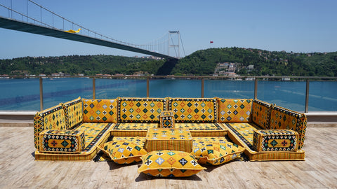 Yellow U Shaped Arabic Sofa Set, Indoor Floor Cushions, Arabic Majlis