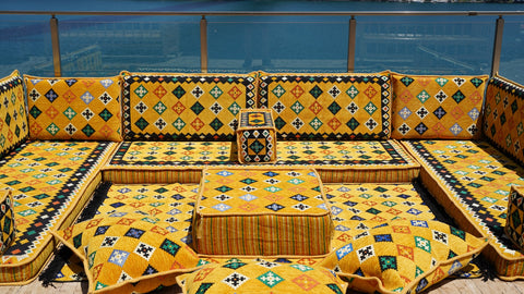 Yellow U Shaped Arabic Sofa Set, Indoor Floor Cushions, Arabic Majlis