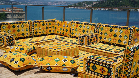 Yellow U Shaped Arabic Sofa Set, Indoor Floor Cushions, Arabic Majlis