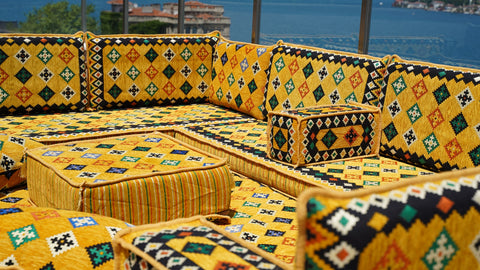 Yellow U Shaped Arabic Sofa Set, Indoor Floor Cushions, Arabic Majlis