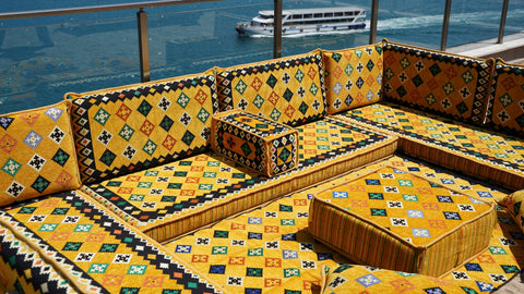 Yellow U Shaped Arabic Sofa Set, Indoor Floor Cushions, Arabic Majlis