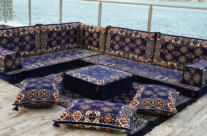 Afghan Gul L-Shaped Floor Sofa Set on a Gold Chenille Base