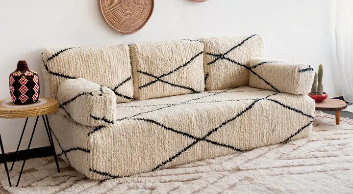 Cream shaggy floor couch with black lines on a cream textured rug, with woven plates hung on the wall above