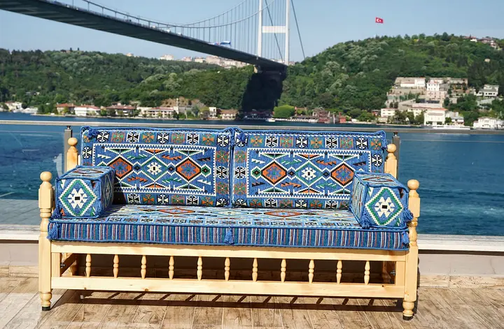 Anatolian Kilim Sedir Bench Majlis with Hooks and Stepped Borders