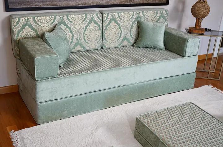 Ciragan Quilted Diwan Floor Sofa with Damask Back Cushions