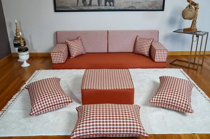 Gingham-Trim Linen Single Floor Sofa Set in Blue, Green or Terracotta