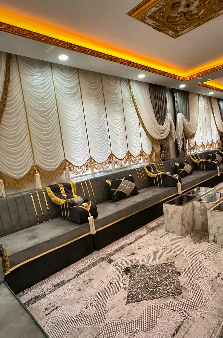 Gray Arabic Yemeni Jalsa in Charcoal with Carved Gold Armrests
