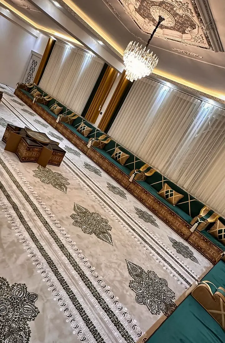 Emerald Green Yemeni Majlis Running Both Walls of a Long Hall