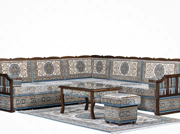 White Imperial Mandala corner seating with blue medallion cushions, exposed dark wooden arms, a patterned table and matching footstool