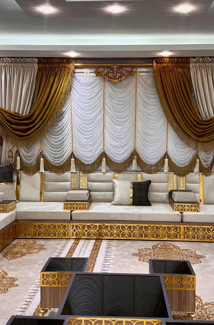 Premium Arabic Jalsah: Ivory Channel-Tufted Seats on Walnut and Gold