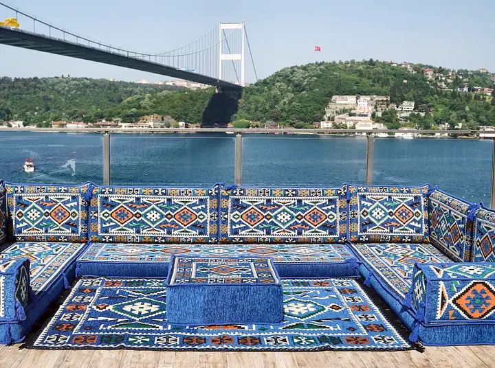 Anatolian Kilim U-Shaped Floor Sofa Set Around an Ottoman and Rug
