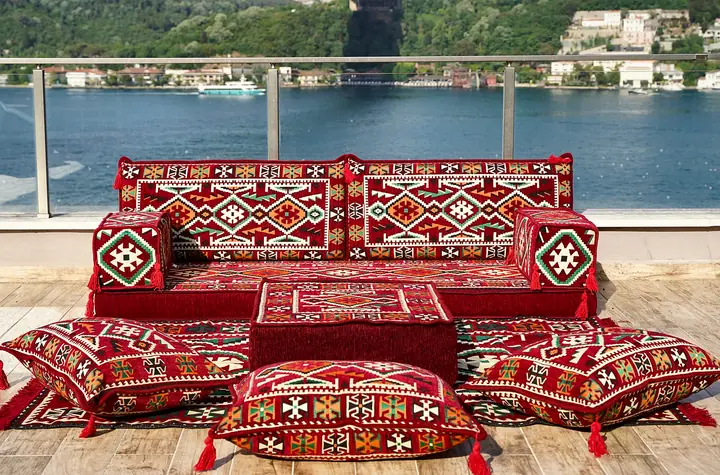 Anatolian Kilim Single Floor Sofa Set with a Striped Base Band