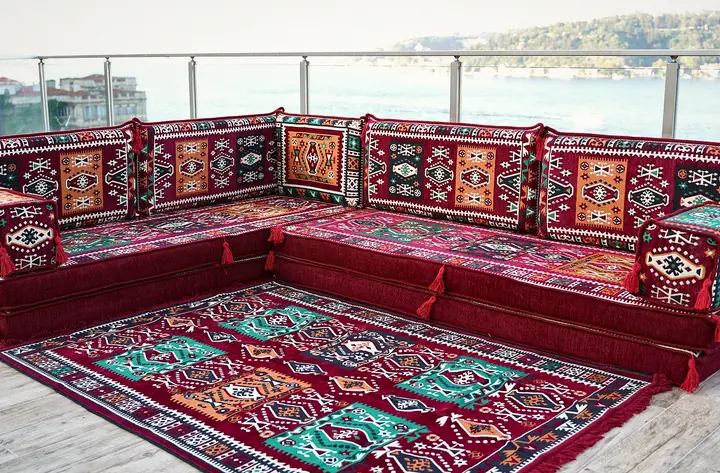 Milas L-Shaped Floor Sofa Set in Red Kilim with Teal Accents
