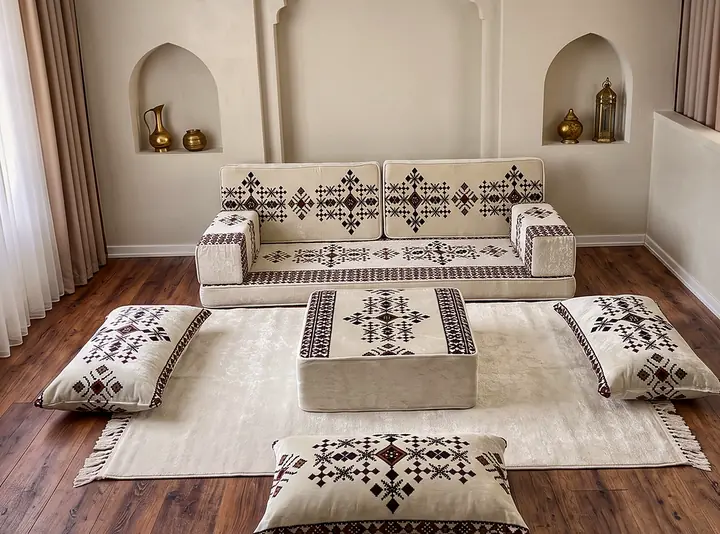 Nomad Diwan Floor Sofa in Five Folk-Weave Patterns on Cream Velvet