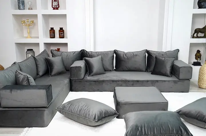 Solid Velvet L-Shaped Floor Sofa Set in Seafoam, Emerald or Mustard