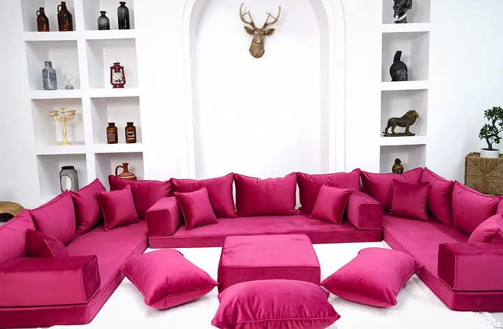 Solid Velvet U-Shaped Floor Sofa Set Where the Rug Carries the Pattern