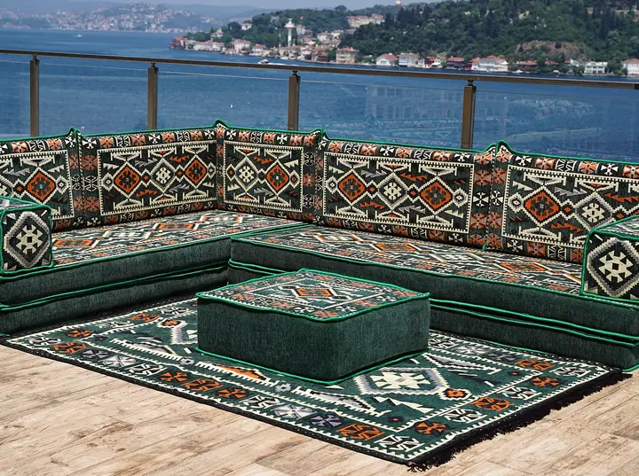 Anatolian Kilim L-Shaped Floor Sofa Set with Stepped Borders